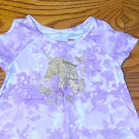 4T, cold shoulder, purple dress with gold glitter unicorn and butterflies, soft! - Picture 2 of 4